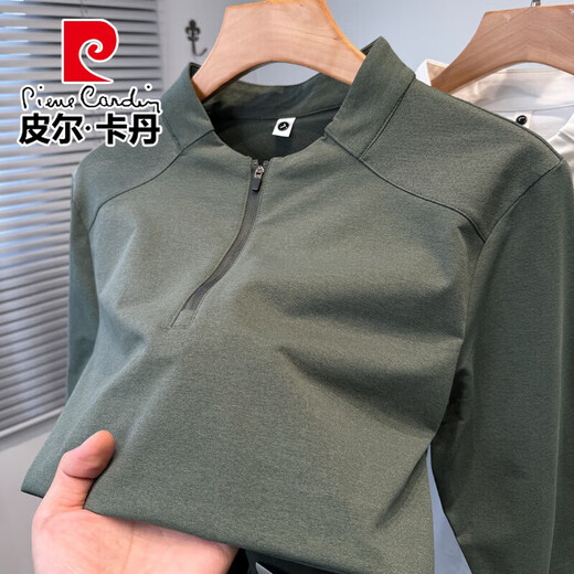 Pierre Cardin half-zip Henry collar long-sleeved T-shirt men's spring and autumn new sports and leisure stitching solid color bottoming shirt men's black 2XL