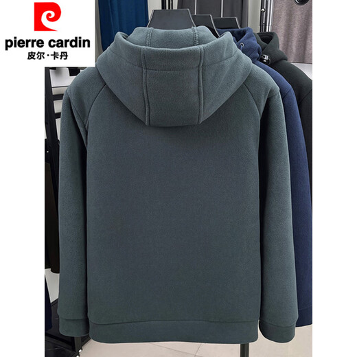 Pierre Cardin double-sided Austrian velvet sweatshirt cardigan men's hooded solid color thickened coat autumn and winter trendy casual warm jacket for men gray green 2XL 100-130Jin Jin equals 0.5 kg