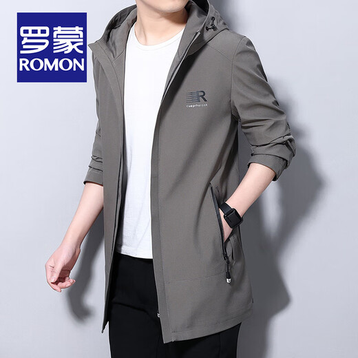 罗蒙（ROMON）高档轻奢中长款连帽风衣男春季新款中青年茄克男士休闲百搭外套男 黑色 175/88A码