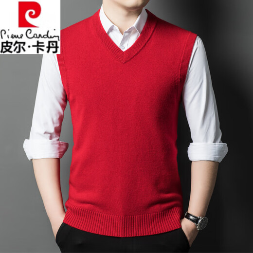 Pierre Cardin haut de gamme automne et hiver 100 laine col en V gilet pour hommes d'âge moyen affaires décontracté épais pull en laine couche de base chaude couleur verte 3310 4XL / 130 recommandé 185-205Jin Jin équivaut à 0,5 kg