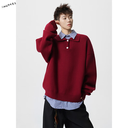 Yuexiang Benming New Year's Holiday Two-Piece Lapel Sweater Men's Winter American Trendy Brand Henley Collar Red Pullover Sweater Top Gray M