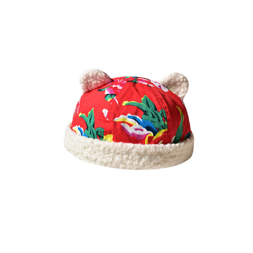 Cheers SH Northeast big floral cloth landowner hat men's winter warm plus velvet ethnic style street cute ears melon skin cotton hat red M 56-58cm
