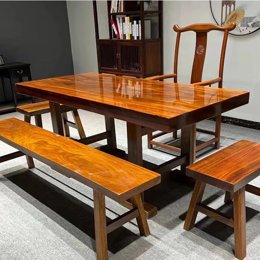 Heli solid wood large board tea table Okan large board table log large board office desk walnut tea table whole board large board dining table set 1.5 meters table + 1 official hat + 3 stools