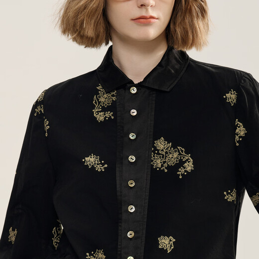 EIN Yan retro style three-dimensional cut-out contrast material splicing lapel literary casual long-sleeved shirt 2025 autumn and winter new style graphite black S