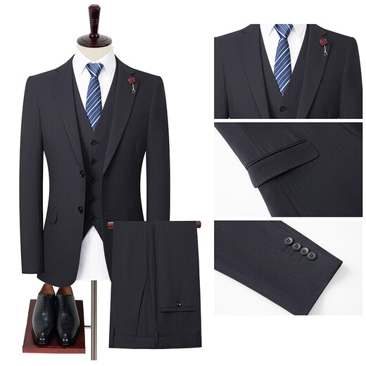 MAGIOPY luxury high-end brand men's spring and autumn new striped suit suit men's Korean style suit jacket slim three-piece suit navy blue XL 180 135-150Jin Jin equals 0.5 kg