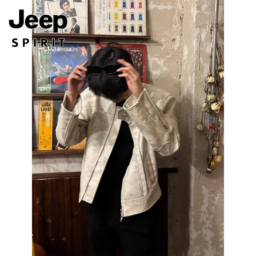 JEEP SPIRIT American short motorcycle leather jacket for men with high-end design, handsome and fashionable stand-up collar bomber jacket, gray, upgraded, high quality, versatile and fashionable, M 100-115Jin Jin is equal to 0.5kg. Collect and purchase for priority delivery.