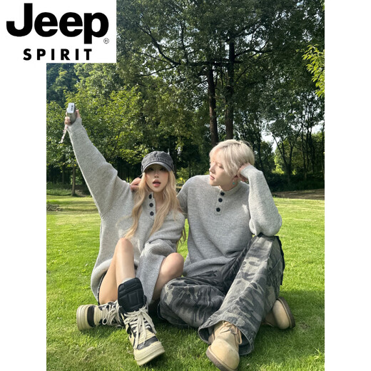JEEP SPIRITcleanfit couple wear Henry collar gray sweater for men and women in autumn and winter lazy style high-end coat sweater trendy gray sweater for men and women M