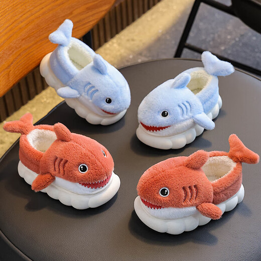Winter children's cotton shoes, boy's shark bag heel, warm and furry, cute girl's home baby anti-slip cotton slippers, upgraded version of environmentally friendly material blue (heel bag), size 12 34/35 (shoe inner length 20CM, suitable for feet 19