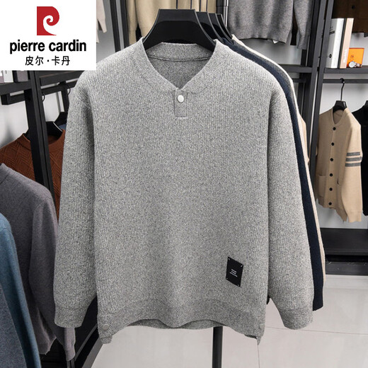 Pierre Cardin 2025 Henry Collar Long Sleeve Sweater Men's Pullover Sweater Bottoming Button Sweetheart Neck Top Autumn and Winter Light Gray XL