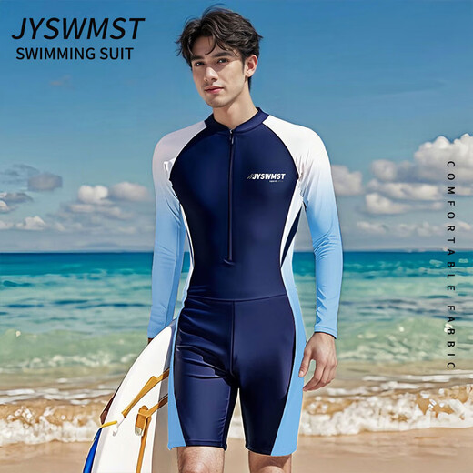 One-piece men's swimsuit for adults and teenagers plus size fat children long-sleeved five-quarter pants sun protection surfing suit swimsuit navy short-sleeved + silicone cap + flat swimming goggles + nose clip earplugs L_90-110Jin Jin equals 0.5 kg