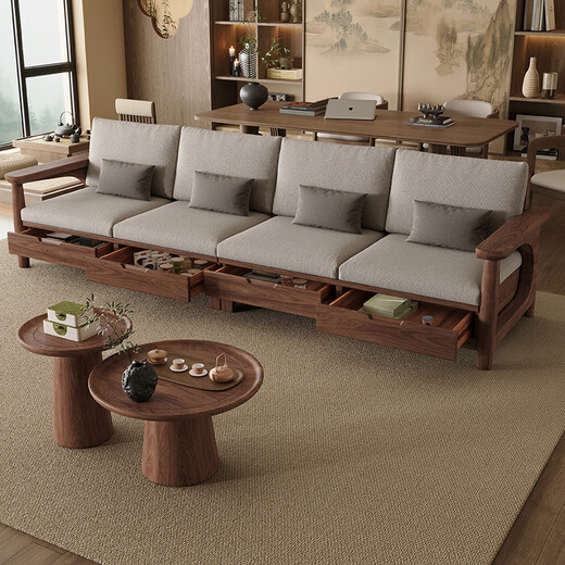 Xiaomuwo Sofa Songs Ästhetik Volles Massivholz-Sofa Wohnzimmer 2025 Neues kleines Wohnungssofa Kombination Schwarz Walnuss Gerade Drei-Personen-Kombination