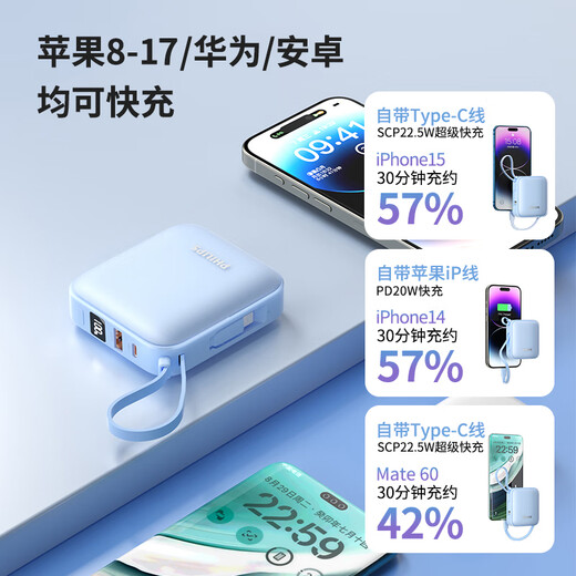 Philips 3C certification can be used on airplanes. The power bank comes with dual-wire 22.5W super fast charging. Mini, compact and portable 10,000 mAh mobile power supply suitable for Apple 17 and Huawei.