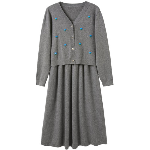 Three-color plus size women's clothing 2025 winter new style knitted jacket suspender dress two-piece set flower fat girl