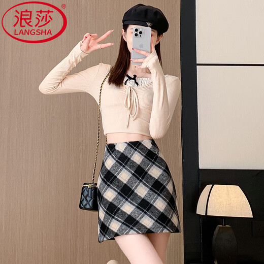Langsha Plaid Skirt Women's 2025 Autumn and Winter New Woolen Hip Skirt Korean Style A-Line Short Skirt Plus Velvet Warm Bottoming Skirt Dark Gray Small Plaid Skin Friendly Wool Comes with Lining M Weight 96-110 Jin Jin equals 0.5 kg Waist 68CM Hips 92CM