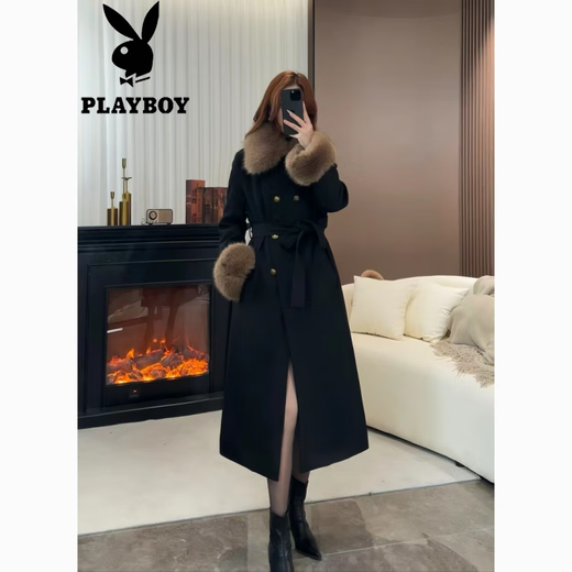 Playboy (PLAYBOY) off-season deal with rich woman daughter down coat women's big fur collar long coat down jacket slimming temperament black with fur collar official flagship version with shipping insurance S 80-105