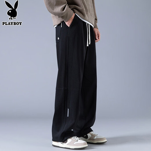 Playboy (PLAYBOY) pants men's casual pants men's autumn and winter high-end wide-leg loose straight sports scimitar sweatpants black XL