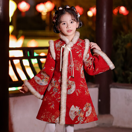 Anneyol Girls' Cheongsam New Year's Eve Costume Winter Chinese Style Children's New Year Hanfu Skirt Thickened Winter Style Red 130