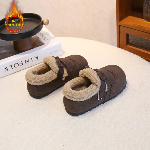 Girls' Birkenstock shoes, autumn and winter plus fleece shoes, 2025 new children's leather shoes, winter big children's cotton shoes, warm soft-soled winter shoes, coffee color, size 28, inner length 17.7cm