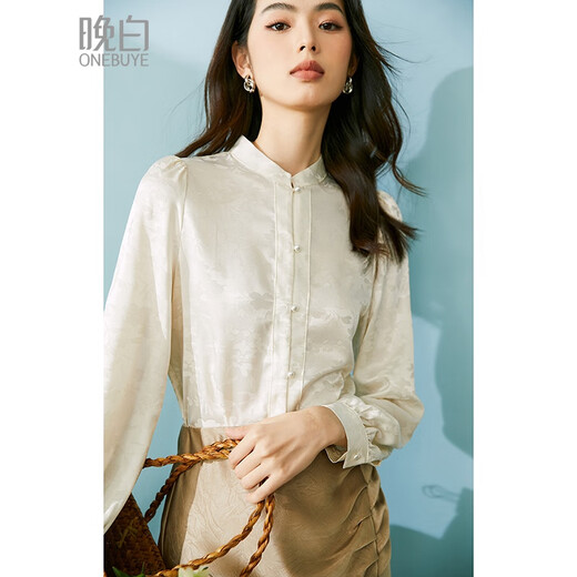 Late White New Chinese Style Satin Jacquard Shirt Women's 2025 Autumn New Design Commuting Versatile Shoulder Shirt Top Apricot XL