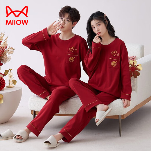 Katze Mann Hochzeit Baumwolle Paar tragen Pyjamas für Männer und Frauen Reine Baumwolle Frühling und Herbst Rot Sternzeichen Jahr Rundhalsausschnitt Herbst und Winter Heimkleidung Rot + Rot 9227 L Herrenempfehlung 100-130 Jin Jin entspricht 0,5 kg