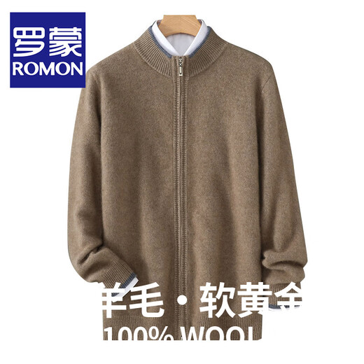 ROMON 100% sheep wool sweater men's cardigan coat autumn and winter business casual thickened warm contrast double zipper sweater medium camel XL