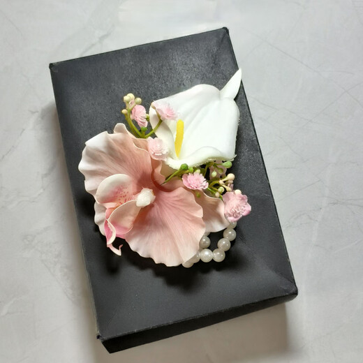 Calla lily, butterfly orchid, pink corsage knot, wedding groomsmen, bridesmaid, bridegroom and bride brooch set, beautiful full note, pink butterfly orchid wrist flower