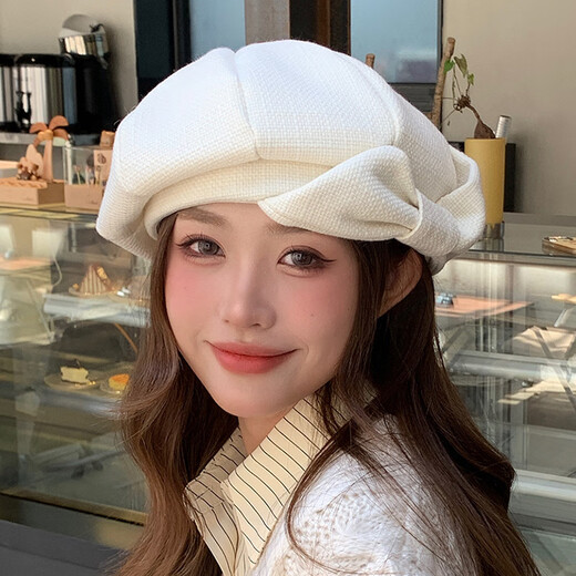 QUEEN TRIP autumn hat women's small fragrant bow high-end beret socialite daughter style fashionable face small octagonal hat gray