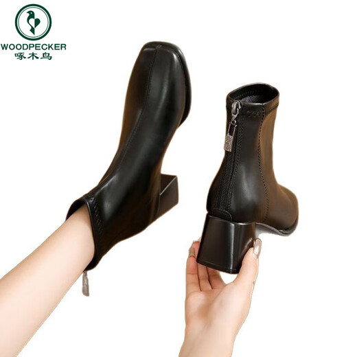 Woodpecker French soft leather short boots ankle boots thick heel Martin boots square toe plus velvet short tube 2025 new autumn and winter slim boots for women beige single lining 37
