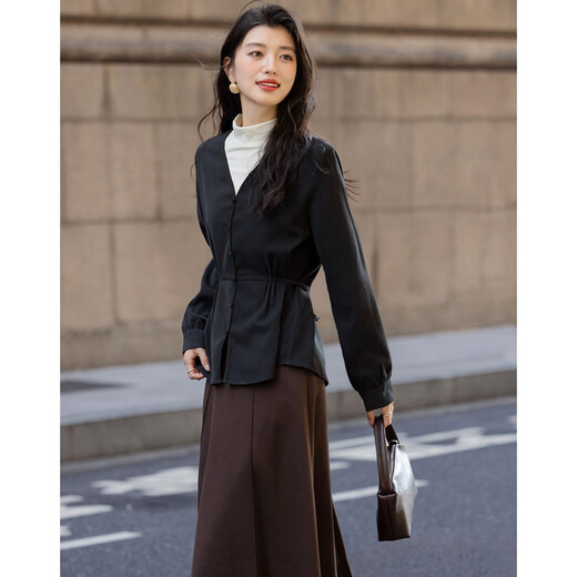 德玛纳【智感女士】冬季静奢风立领保暖磨毛衬衫褶裥拼色腰带衬衣女上衣