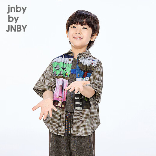 Jnby by JNBY Same style as the show, new Jiangnan Buyi children's short-sleeved shirt H-shaped cotton 25 autumn boys and girls 1P7211720 964/khaki coffee strip/grid 110 cm