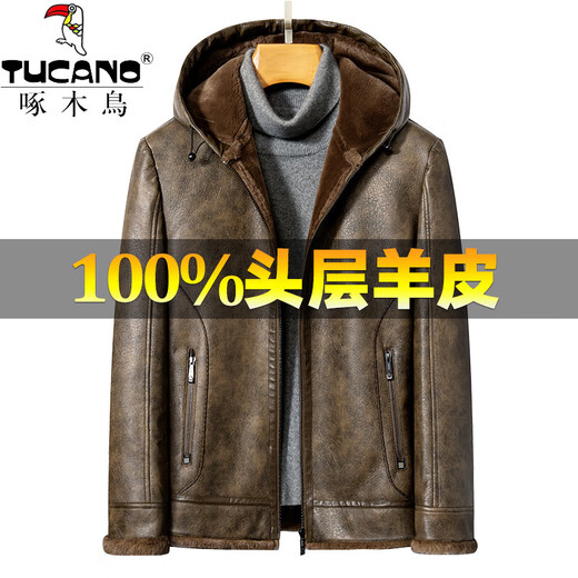 Woodpecker (TUCANO) first layer sheepskin Haining leather jacket men's gold mink velvet liner hooded thickened warm winter jacket Selected hooded style - Jin Dian Black M 170/88A Recommended 120 Jin Jin is equal to less than 0.5 kg