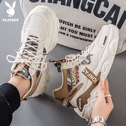 Playboy (PLAYBOY) dad shoes men's shoes 2025 autumn and winter casual shoes men's thick-soled high-top fashion sneakers trendy beige 42