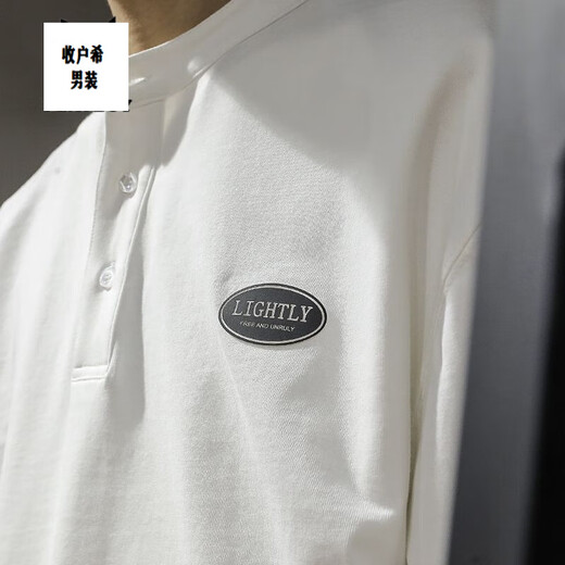 Jiaojing autumn and winter simple heavy henley collar long-sleeved t-shirt men's spring and autumn loose large size sweatshirt American bottoming polo shirt trendy white cotton material L recommended 120-135Jin Jin equals 0.5 kg