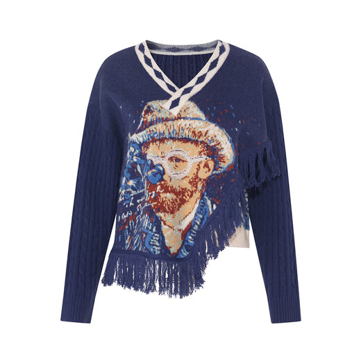 Two or three things about Van Gogh's literary and artistic light years and shadows 2025 winter new oil painting pattern tassel asymmetric hem sweater for women dark blue S