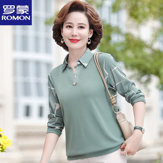 ROMON mother's clothing spring and autumn tops long-sleeved T-shirts middle-aged and elderly women's bottoming shirts middle-aged fashionable small shirt suits women FFBSC688 Green 4XL Recommended 130-140Jin Jin is equal to about 0.5 kg