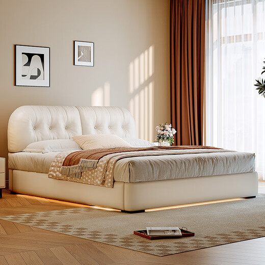 Winter Bear Toffee Cloud Bed Ultra-Thin Bedside Leather Puff Cream Style Double Master Bedroom High Box Storage Translation Bed Imported Cowhide Bed/Full Solid Wood Beech Rib Frame 1800mm*2000mm-Translation Storage Structure