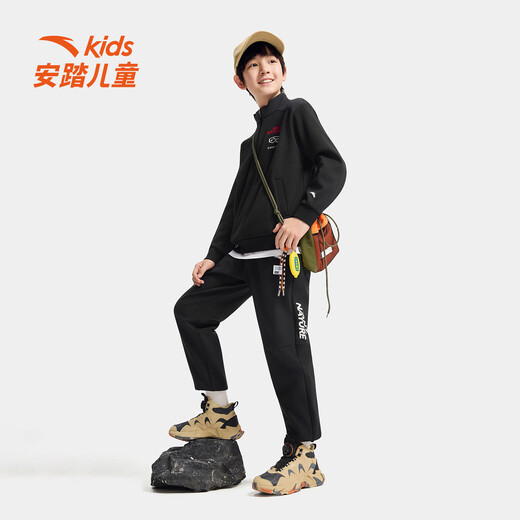 ANTA children's fleece sweatshirt for boys and girls 2025 winter new Chinese ice and snow series knitted pullover basic black-4 fleece 175 cm