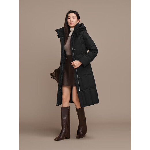 Bosideng (BOSIDENG) women's new down jacket 2025 waist long goose down jacket long over the knee slimming belt B250244146 black 8056 XS 155/80A