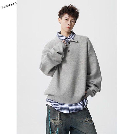 Yuexiang Benming New Year's Holiday Two-Piece Lapel Sweater Men's Winter American Trendy Brand Henley Collar Red Pullover Sweater Top Gray M