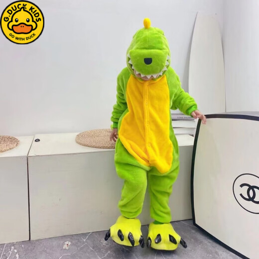 G.DUCKKIDS Cute Tyrannosaurus Pajamas Autumn and Winter Little Girls Boys Coral Velvet Cartoon Long Sleeve Girls Children One-piece Home Clothes Bean Green Dragon 165 Adult S# High 145-155 with Shoes