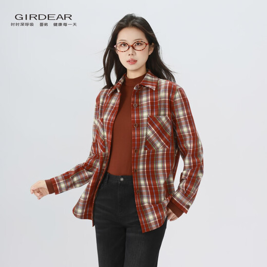 GIRDEAR Women's Top Fashion Classic Versatile Loose Casual Retro Plaid Long Sleeve Shirt Jacket 1400458 Red Brown Plaid Scottish Plaid S 2 Size