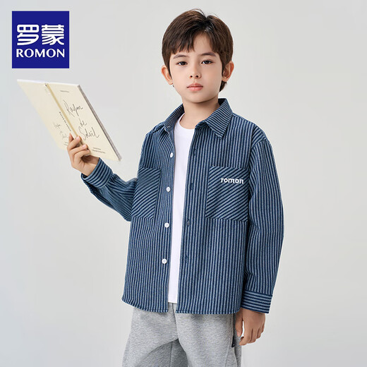 Romon Boys Striped Shirt New Fashionable Children's Autumn and Winter Jacket Trendy Handsome Spring and Autumn Thick Shirt Blue 140