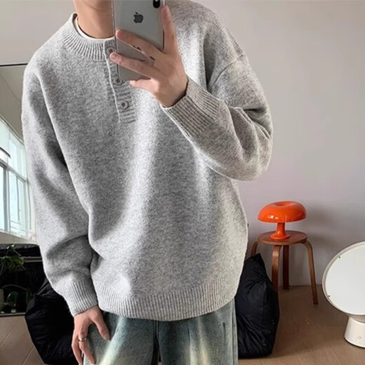 Miao Yijia Sweater Men's Winter Thickened Men's Sweater Knitwear Boys Teenagers Sweater Warm Inner Layer High-end Henley Neck Sweater Sweater Gray L Recommended 110-130Jin Jin equals 0.5 kg