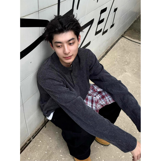 Mangmang black Henry collar sweater for men, autumn old money style long-sleeved T-shirt, cleanfit lazy top, light gray 3XL