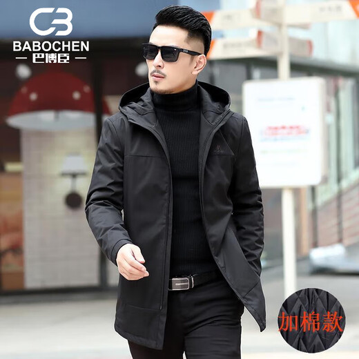 Ветровка BABOCHEN, мужская повседневная куртка средней длины с капюшоном, весна-осень 2025, новая хлопковая куртка, весеннее верхнее пальто, модное черное хлопковое стильное пальто L