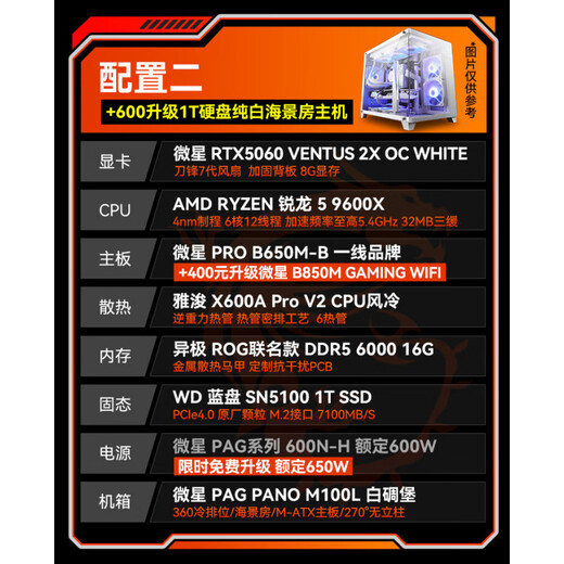 MSI family bucket Ryzen R5 9600X host 5060/5070Ti/9060XT/7650GRE e-sports game DIY desktop live broadcast design deep learning assembly computer configuration 2 9600X/RTX5060