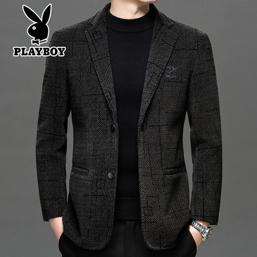 Playboy suit jacket men's autumn and winter velvet thickened woolen chenille high-end men's casual suit jacket gray M 170