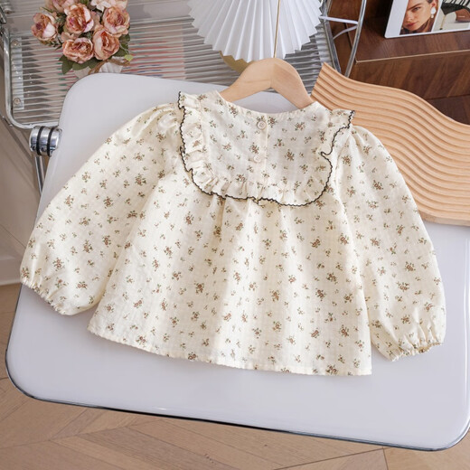 Shanou 2026 Spring and Autumn New Girls Floral Shirt Korean Style Western Style Children's Long-Sleeved Doll Shirt Baby Bottoming Shirt YSS Off-White 90 cm