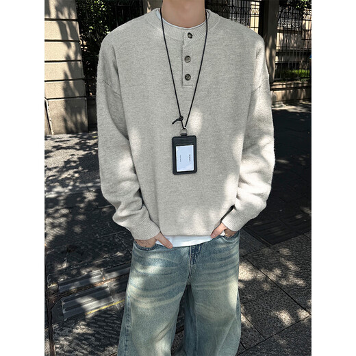 Zhiwei cleanfit Henry collar long-sleeved knitted sweatshirt men's autumn and winter new American retro warm base shirt clothes white flower gray XL recommended 135-150Jin Jin equals 0.5 kg