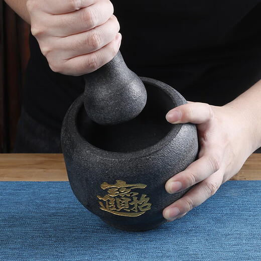 Shijin stone mortar large natural black gold stone garlic pounder old-fashioned stone mortar household grinding and pounding medicine jar peeling garlic and pressing garlic outer diameter 13cm